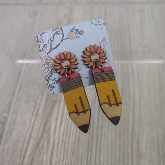 Handmade Womens Floral Pencil Pierced Earrings Yellow Pink Teachers Gift 2.5" - Picture 3 of 5